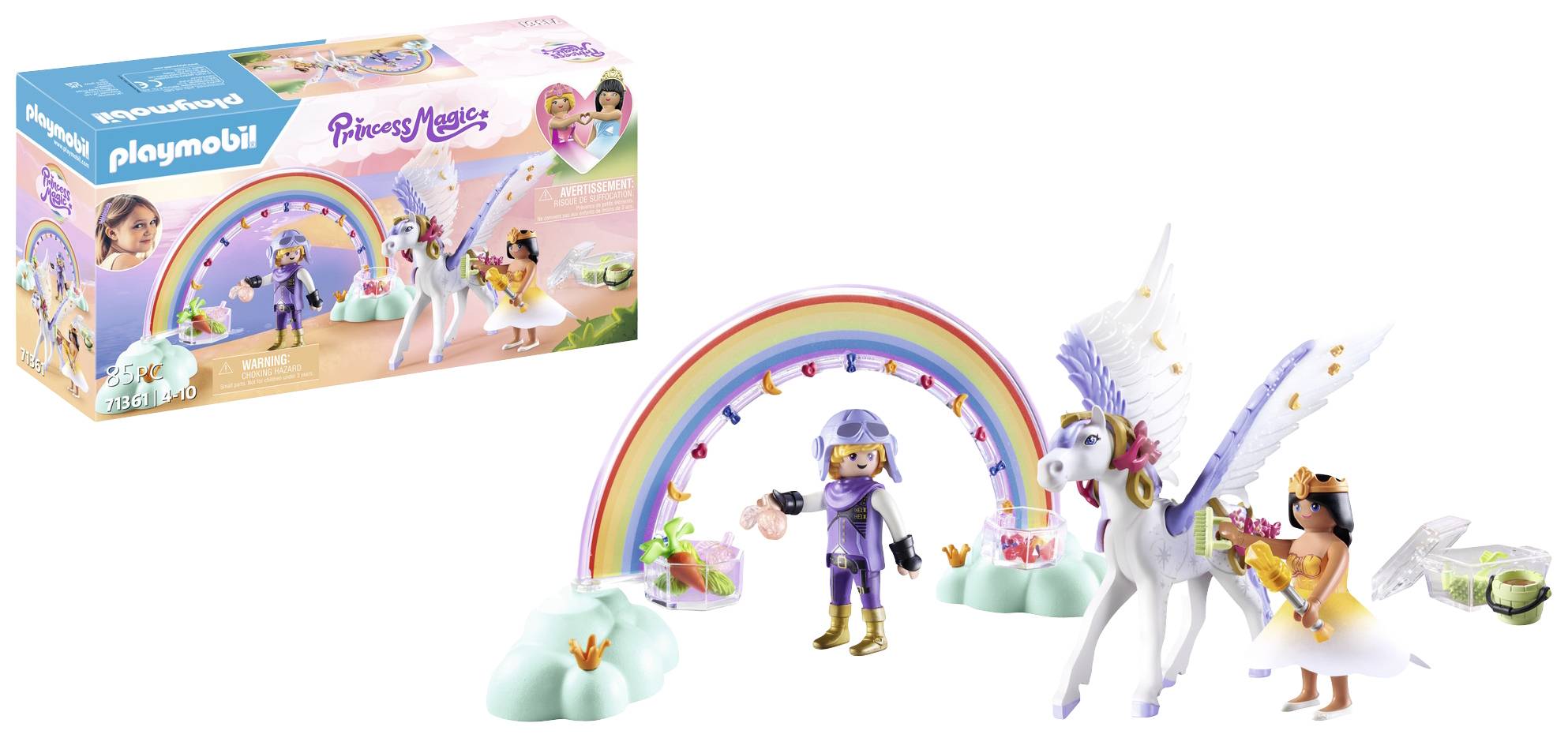 Dve figurici Playmobil, ena v vijolični opremi in druga s krili in obleko, stojita pred mavrico in Pegázom.