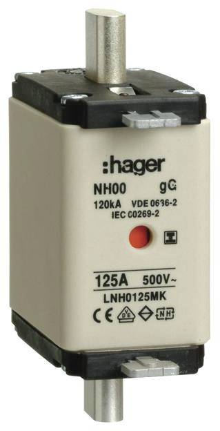 NH-varovalka znamke Hager, 125A in 500V, model LNHO125MK, skladno s standardi VDE 0636-2 in IEC C60269-2.