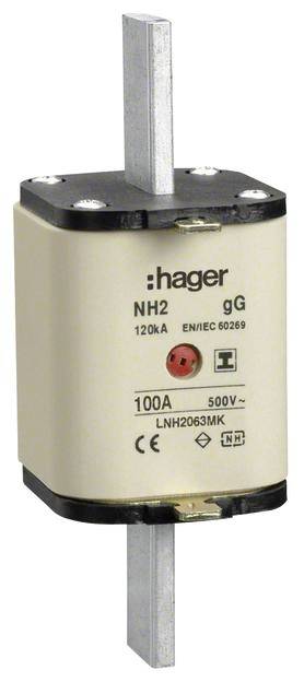 NH varnostna varovalka Hager z oznako 'NH2 gG 500V, 100A'.