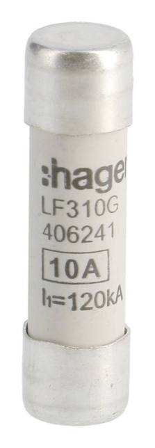 Varovalka z oznako 'Hager LF310G 406241 10A I=120kA'.
