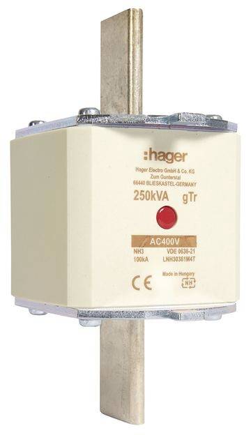 Velika NH varnostna varovalka Hager, 250 kVA, 400 V. Opremljena z varnostnimi oznakami in CE znakom.