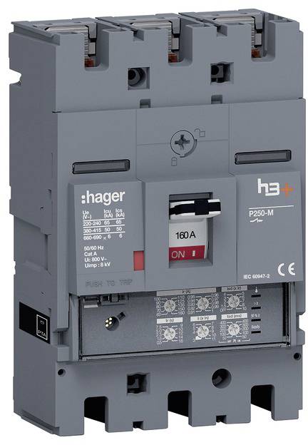 Hagerjev odklopnik z oznako 'P250-M', nastavljen na 'ON'. Primeren za električne tokove do 160A.