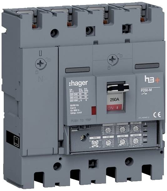 Odklopnik Hager, model h3+, P250-M, sive barve, z električno močjo 250A.