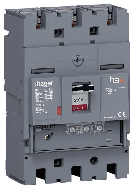 Ločilnik Hager h3+ P250-N s specificiranimi tehničnimi podatki: 250A, AC/DC, standard IEC 60947-2.