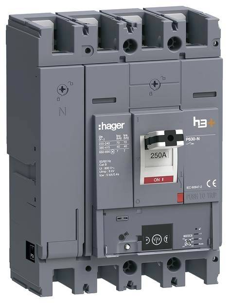 Tritirni preklopni zaščitni odklopnik Hager, model h3+, z navedenim tokom 250 A, primeren za industrijske aplikacije.