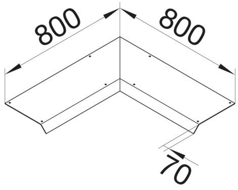 Tehnična risba L-oblike kovinske kotne profile z dimenzijami: obe stranici 800 mm in rob 70 mm.