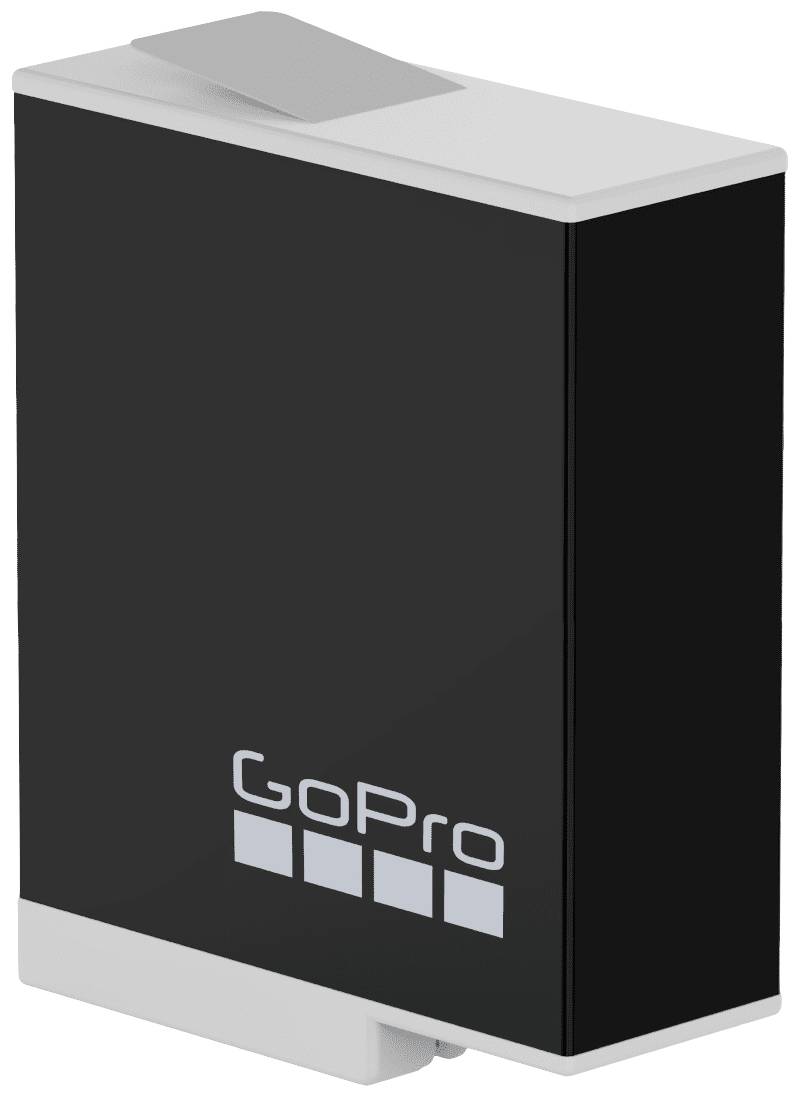 Črna baterija z logotipom 'GoPro' nanjo. Baterija je pravokotne oblike in ima siv trak na zgornji strani.