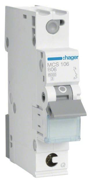 Instalacijski odklopnik z napisom 'Hager MCS 106 B06', ki se uporablja za zaščito električnih napeljav pred preobremenitvijo.