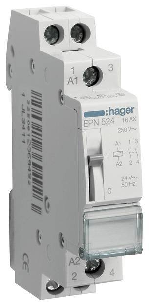 Bel elektronski stikalni element znamke 'hager', model EPN 524, primeren za 250 V in 16 AX, prikazuje vklopno in izklopno stikalo.