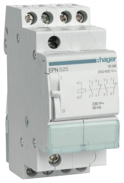 Elektromehanski kontaktor znamke Hager, model EPN 525, primeren za 250/400 V in 50 Hz, z nazivno močjo 16 AX.