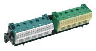 Dvoredni električni priključni blok z zelenim in modrim ohišjem, uporabljen za varne električne povezave.