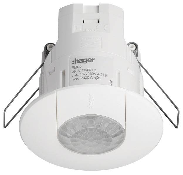 Senzor gibanja z belim ohišjem, nameščen, primeren za 230V/50-60Hz, obremenljiv do 2300W. Primeren za montažo na strop.