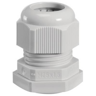 Plastična kabelska uvodnica, siva, z velikostjo priključka M25x1,5. Ima rebrast, cilindričen zgornji del za boljšo oporo.