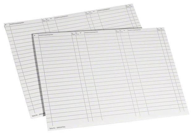 Dva sklopa linearnih kartončkov z praznimi polji za datum, ime in podpis. Uporabljeni za dokumentacijo in upravljanje.