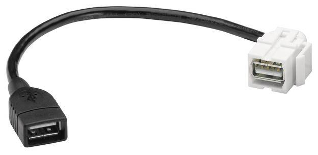 Črn USB kabel z dvojnim priključkom, s črnim in belim vtičem, služi povezovanju elektronskih naprav.
