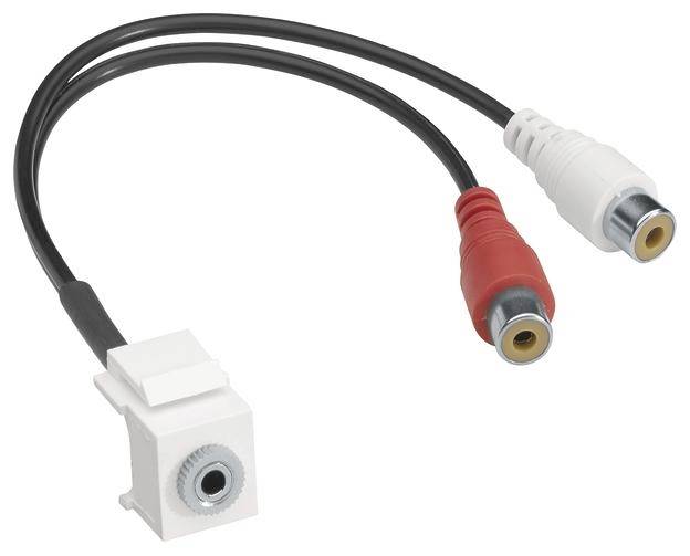 Adapter z belim priključkom in dvema RCA vtičema, enega v rdeči in enega v beli barvi, povezana s črnimi kabli.