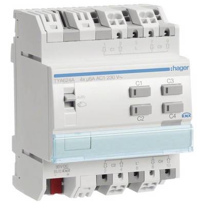 'KNX stikalni aktor modul s štirimi kanali, označen od C1 do C4, vidno blagovno znamko. Primeren za avtomatizacijo stavb.'