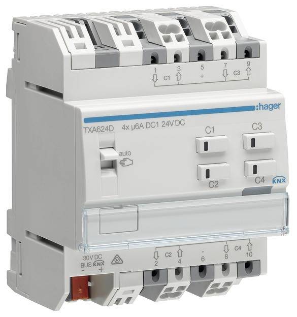 'Hager KNX aktor TXA624D s 4 kanali za 24V DC, z avtomatskim nadzorom in priključkom vodila, primeren za porazdelitev električnih obremenitev.'