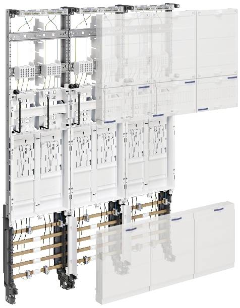 Eksplozijski pogled električnega distribucijskega sistema s tračnicami, večslojnimi komponentami in priključnimi moduli.