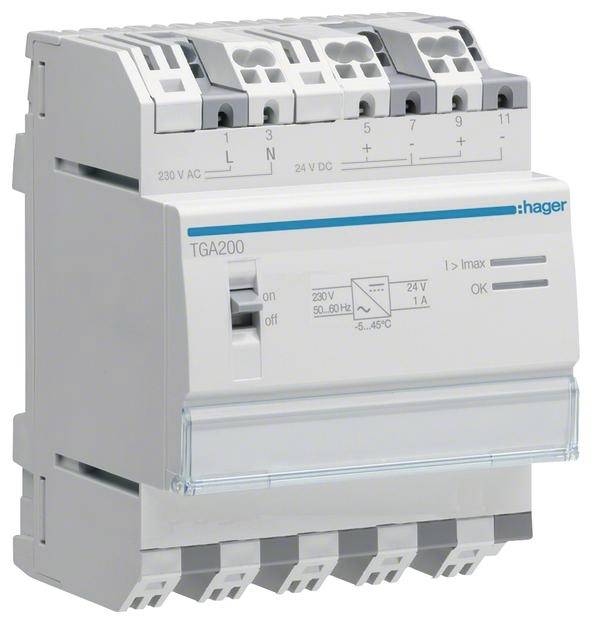 Suh hujši releji električnih sunkov, model TGA200, z oznakami za 230 V AC in 24 V DC. Vsebuje stikala in priključke na vrhu.