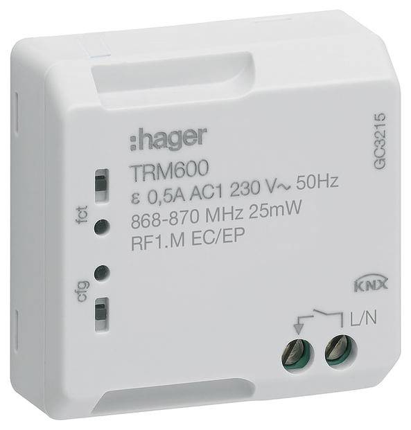 Belo Hager TRM600 brezžični modul s tehničnimi specifikacijami: 0,5A, 230V, 50Hz, 868-870 MHz, 25mW, združljiv s KNX, stranski priključki.