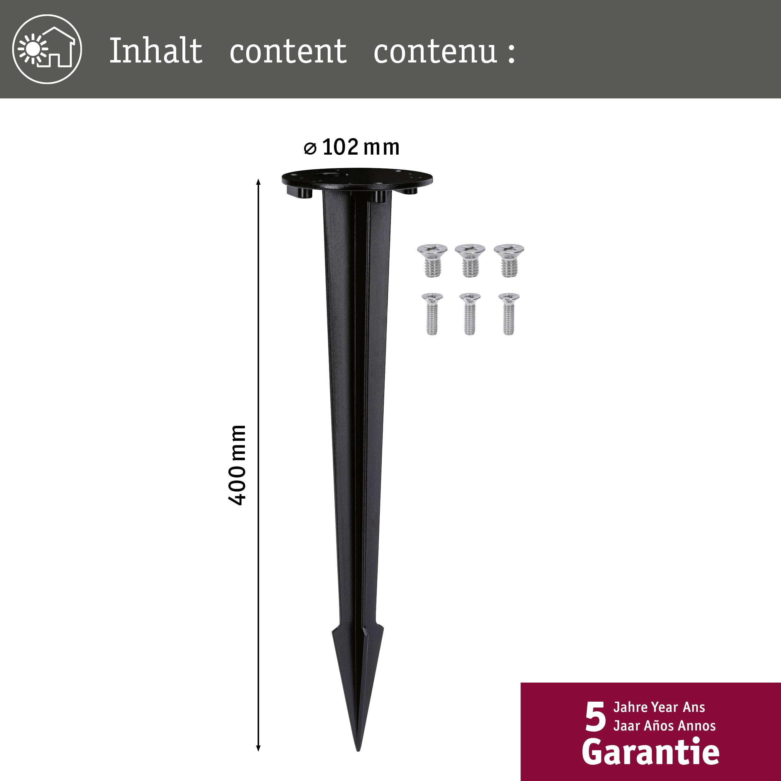 Črn plastičen zemeljski drog s štirimi vijaki. Dimenzije: 400 mm visok, 102 mm premera. Garancija: 5 let.