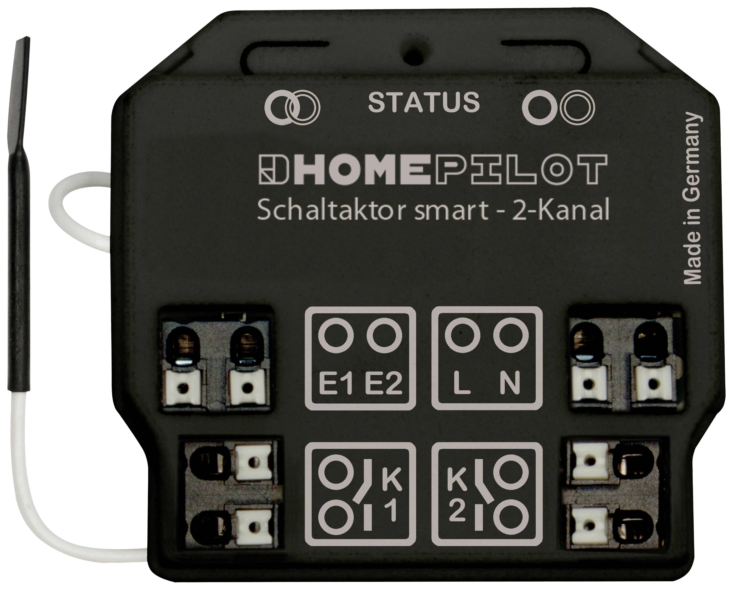 Elektronski stikalni aktor Schwarz-bel z dvema kanaloma 'HomePilot', z indikatorjem stanja in priključnimi sponkami, 'Izdelano v Nemčiji'.