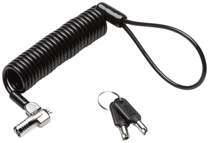 Črn varnostni kabel v spiralni obliki z zanko in pripadajočo ključavnico. Na sliki sta prikazana dva ujemajoča se ključa.