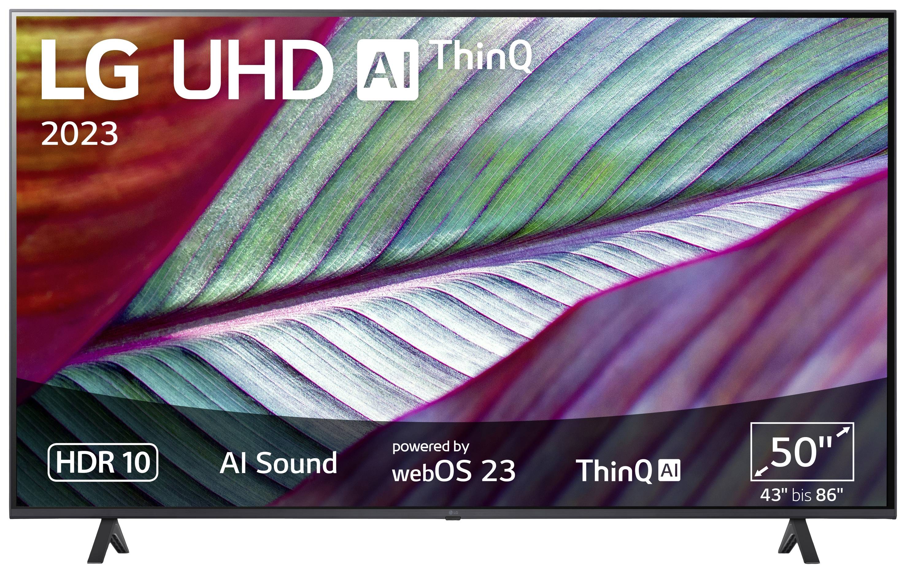 LG UHD televizor 2023 s ThinQ AI in HDR 10. Zaslon prikazuje podroben list. Velikost se giblje od 43'' do 86''.