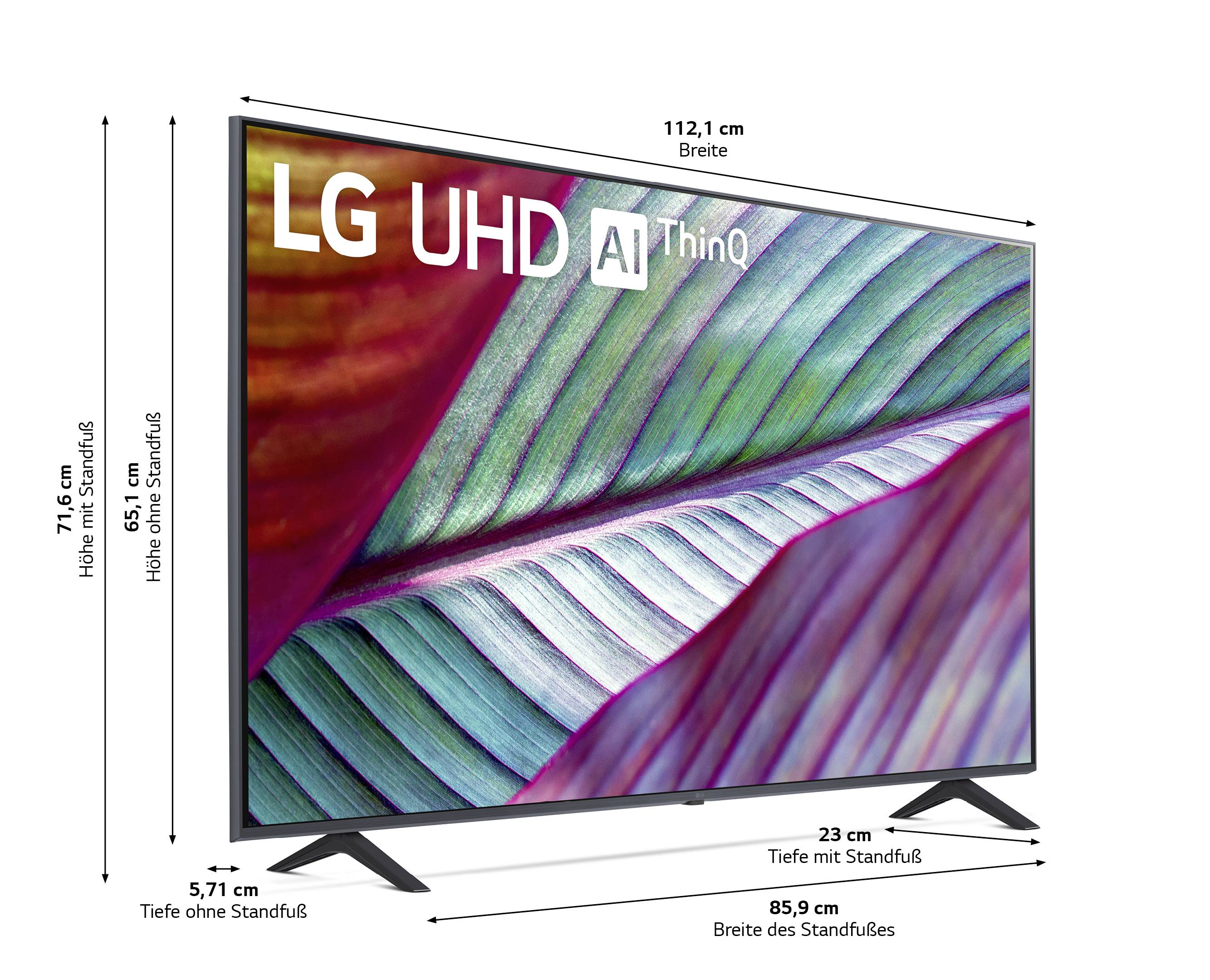 LG UHD AI ThinQ televizor z merami: 112,1 cm širina, 71,6 cm višina brez podstavka, 23 cm globina s podstavkom.