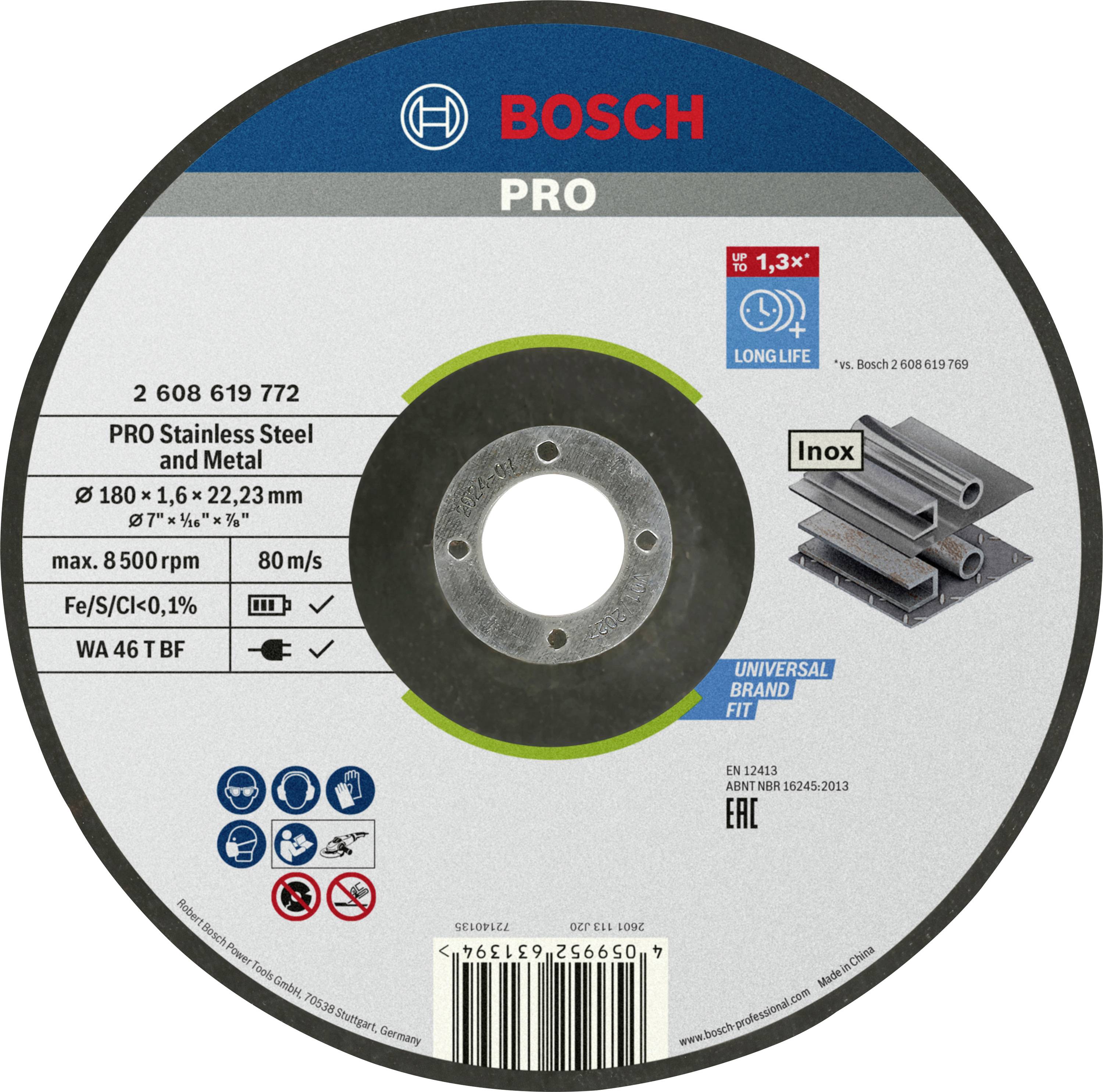 Bosch PRO rezalna plošča za nerjaveče jeklo in kovo, velikost 180 x 1,6 x 22,23 mm, maks. hitrost 80 m/s, CE-certificirana.