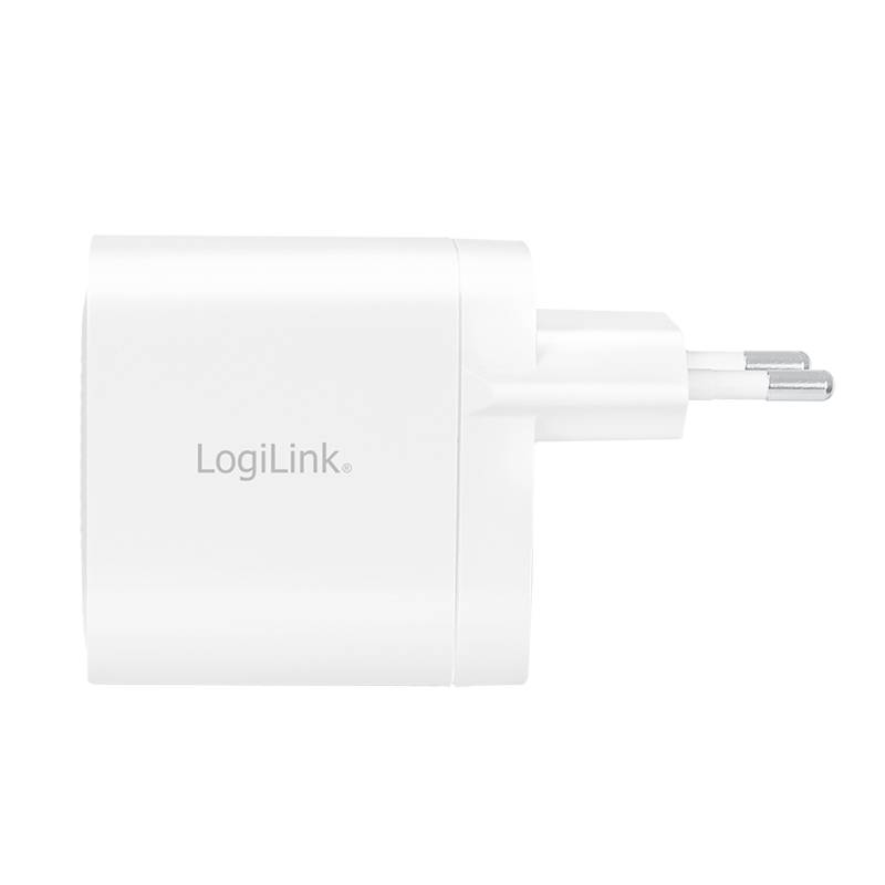 Belo, kvadratno USB polnilec z evropsko vtičnico, prikazan s strani, kjer je viden blagovni znak 'LogiLink'.
