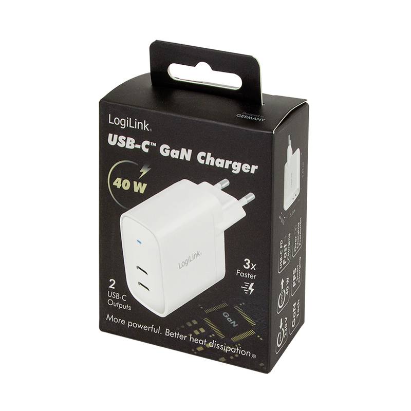 USB-C GaN polnilec znamke LogiLink v črni embalaži. Napis na embalaži: '40 W', '3x hitrejše polnjenje', '2 USB-C izhoda', 'Boljše odvajanje toplote'.