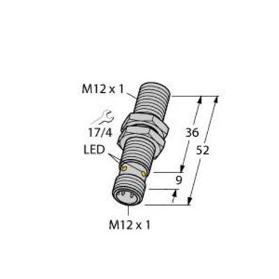Prikaz M12 x 1 senzorja z LED-indikatorjem. Mere: 36 mm dolžine do matice, 52 mm skupaj. LED blizu priključka.