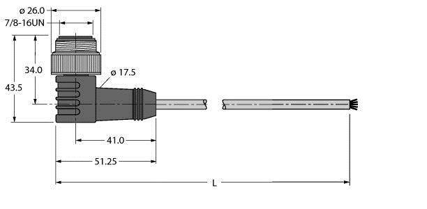 Tehnična risba kotnega senzorja z dimenzijami: premer 26 mm, vtikač 7/8-16UN, skupna dolžina L, podrobnosti o velikosti vijakov.