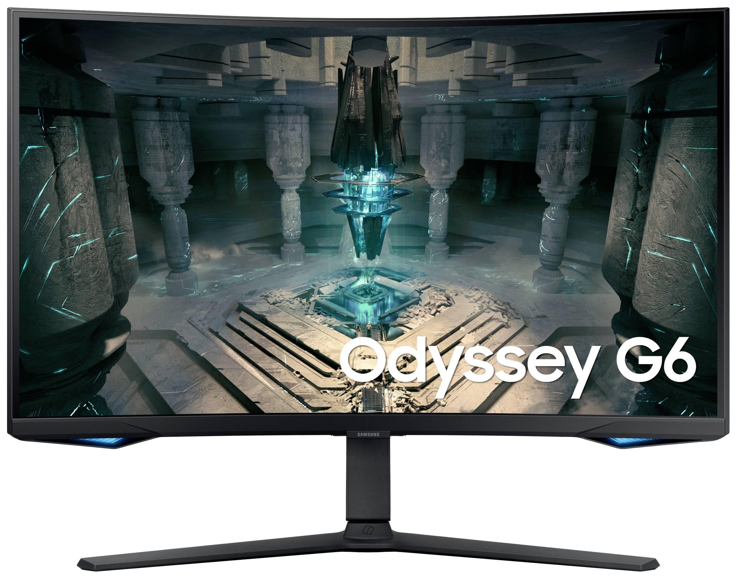 Ukrivljen monitor Samsung Odyssey G6 prikazuje futuristično notranjost z osvetljenimi elementi. Besedilo 'Odyssey G6' je postavljeno spodaj desno.