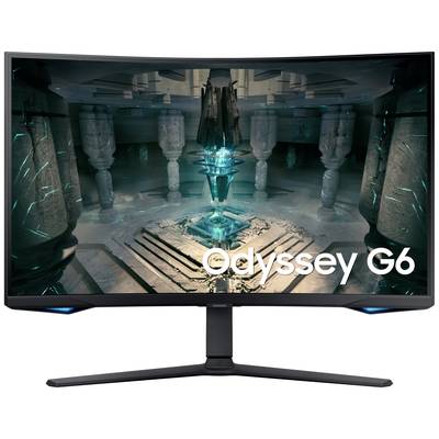Ukrivljen monitor Samsung Odyssey G6 prikazuje futuristično notranjost z osvetljenimi elementi. Besedilo 'Odyssey G6' je postavljeno spodaj desno.