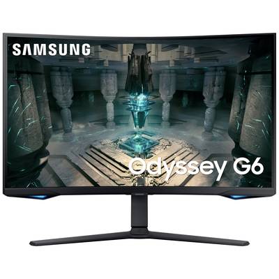 Samsungov monitor Odyssey G6 prikazuje skrivnostno, futuristično notranjost templja s svetlečimi modrimi kristali in antičnimi stebri.