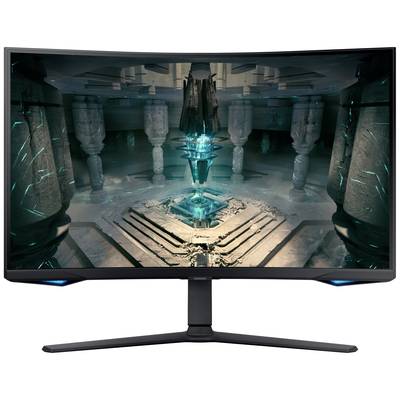 Ukrivljen monitor prikazuje futuristično sliko z bleščečimi turkiznimi lučmi in geometrijskimi strukturami.