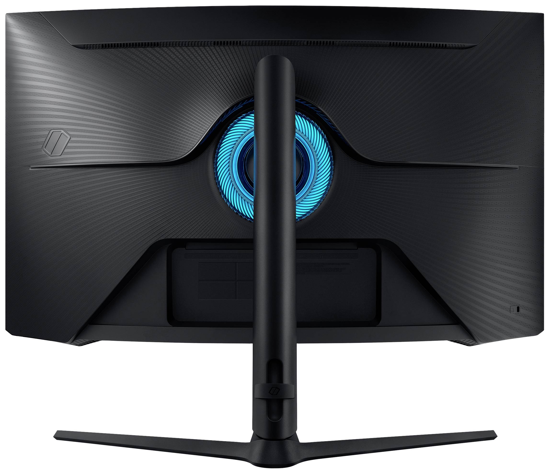 Črn gaming monitor s pogled od zadaj, s svetlečim modrim krogom v sredini. Monitor stoji na V-oblikovanem stojalu.