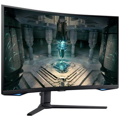 Ukrivljen gaming monitor prikazuje futuristični, svetleči notranji prostor templja, ki ponuja potapljujoče igralno doživetje.