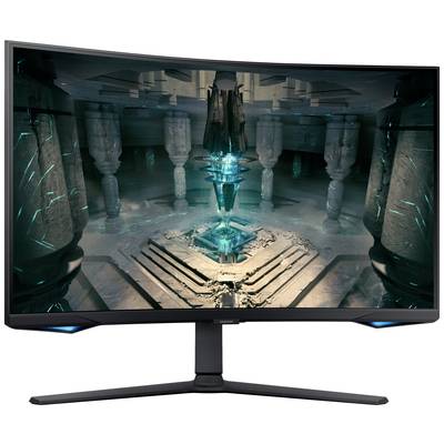 Ukrivljen gaming monitor prikazuje futuristično sceno s stebri in svetlečim modrim kristalom v sredini.