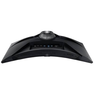 Črn ukrivljen monitor, pogleden od zadaj. Prikazuje priključke kot so HDMI, DisplayPort, USB, Ethernet na ukrivljeni zadnji strani.
