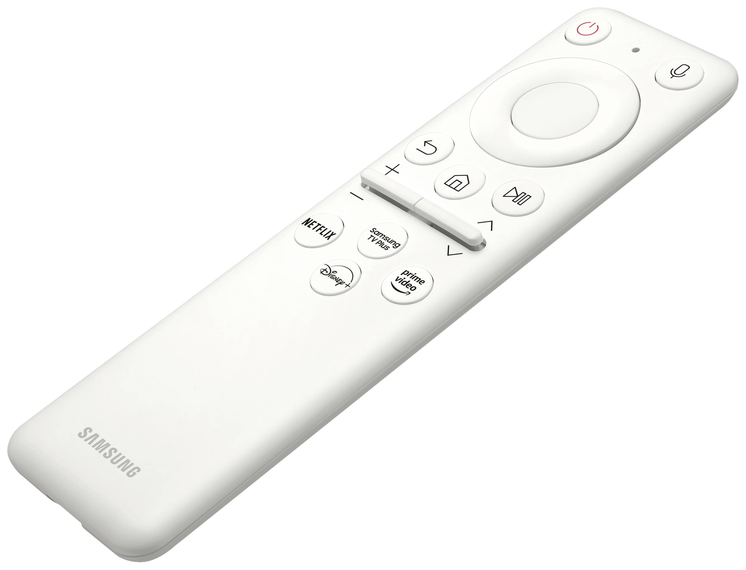 Bela Samsung daljinski upravljalnik z gumboma za 'Netflix' in 'Prime Video', okroglimi navigacijskimi tipkami in stikalom za vklop/izklop na vrhu.