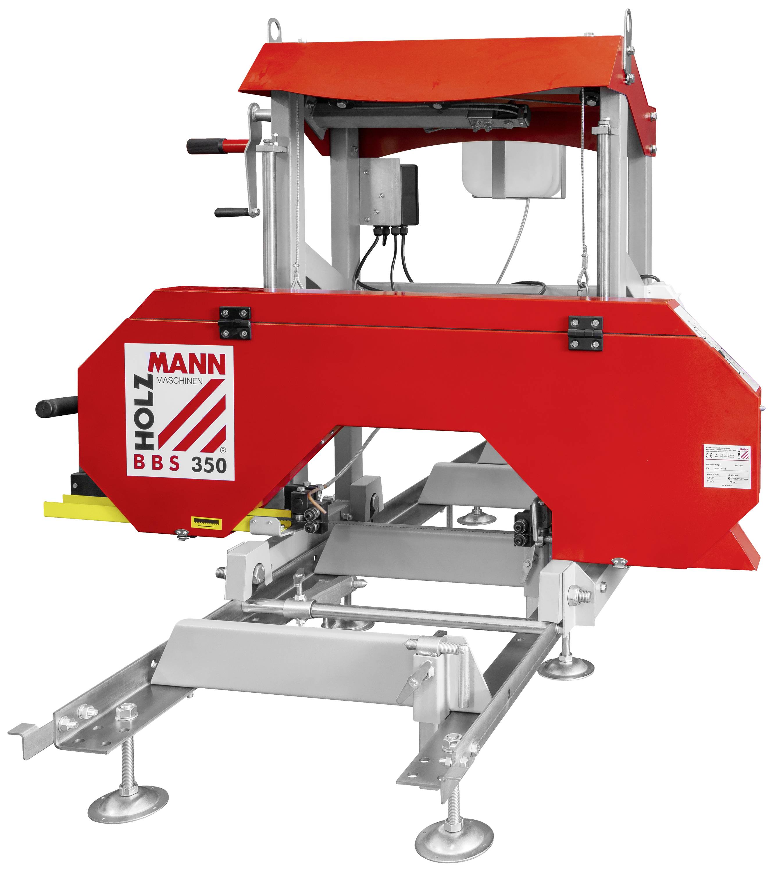 Rdeča mobilna tračna žaga s srebrnim okvirjem na nastavljivi kovinski osnovi, primerna za žaganje lesnih debel različnih velikosti.
