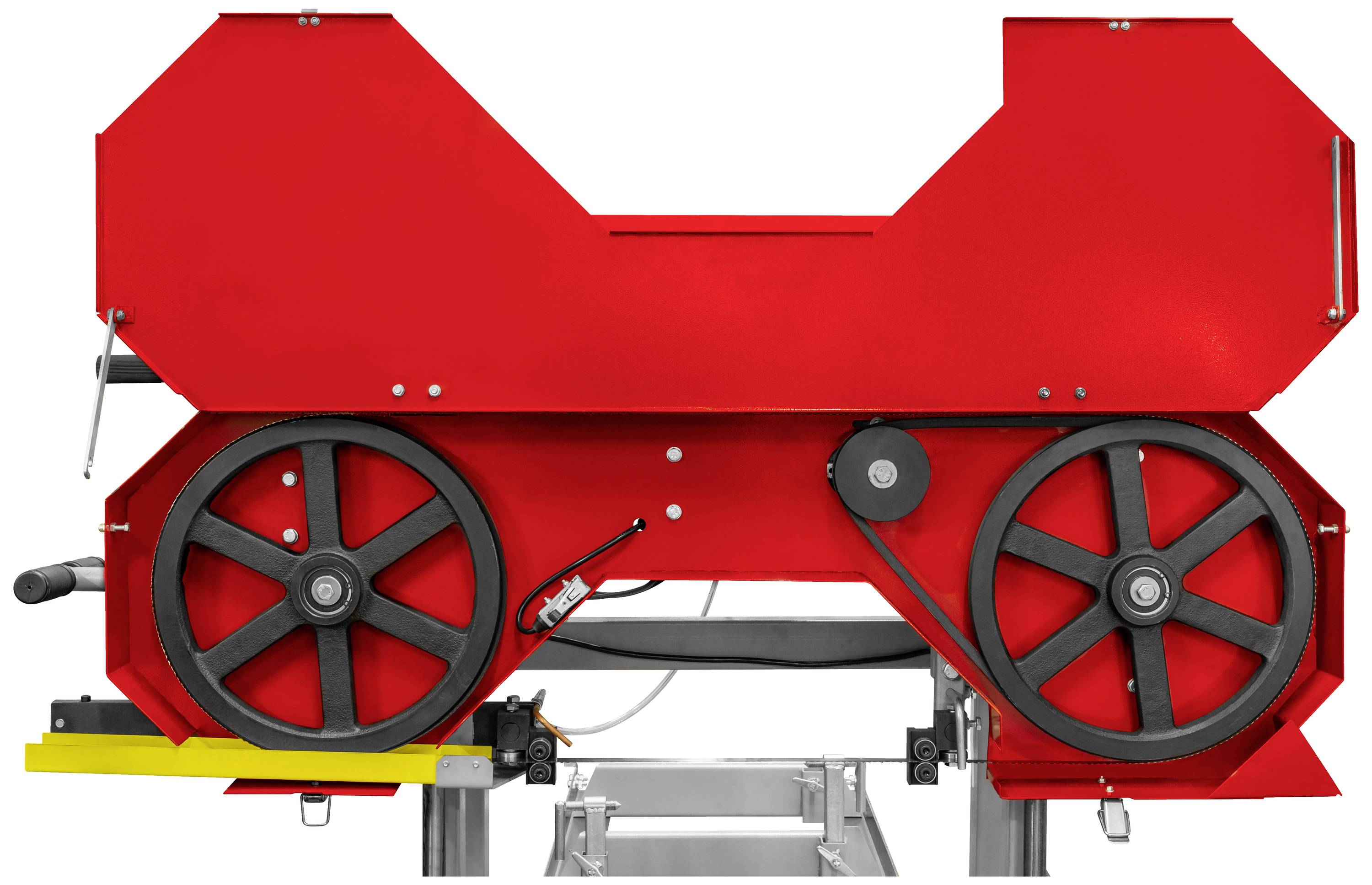 Rdeči tračni žagar z dvema velikima črnima kolesoma, prikazan frontalno.