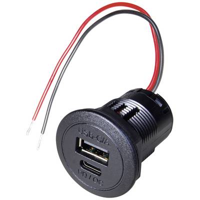 USB-C in USB-A priključek sta vgrajena v črno cilindrično ohišje, s tremi izstopajoči kabli za napajanje.
