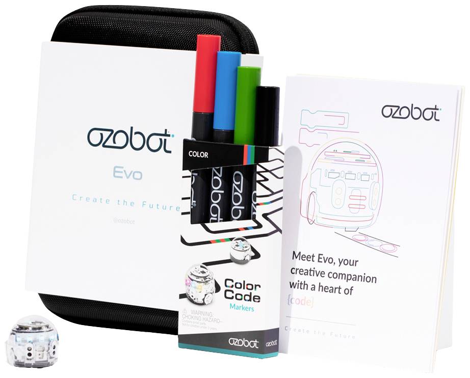 Robot-začetni komplet z Ozobot Evo, štirimi barvnimi kodnimi markerji in navodili za uporabo, primeren za programiranje in igranje.
