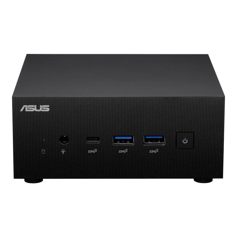 Črn Asus mini računalnik z več USB priključki in mrežnim stikalom na sprednji strani.