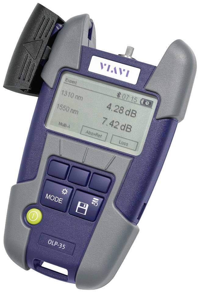 Ročni optični merilnik moči z zaslonom: 4,28 dB in 7,42 dB pri 1310 nm in 1550 nm. Gumbi za upravljanje spodaj.